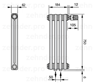 Схема (чертеж) Радиатор Zehnder Charleston 2075/4 №V008 Белый глянцевый RAL 9016
